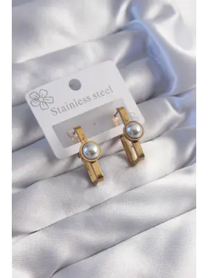   Altın İnci Taşlı Dikdörtgen Model Küpe