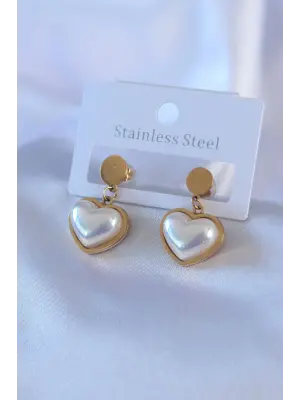 316L Çelik Gold Renk İncili Kalp Model Kadın Küpe