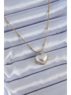  Altın  İncili Kalp Model Minimal Top Detay  Çelik Kolye