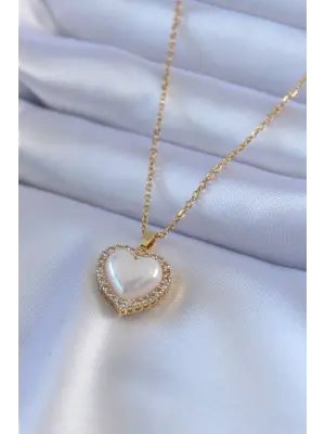  Altın  İncili Kalp Model Zirkon Taşlı  Çelik Kolye
