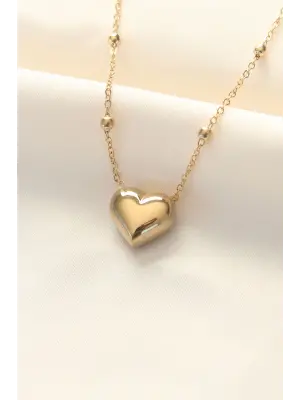  Altın  İri Bombeli Kalp Çelik Kolye