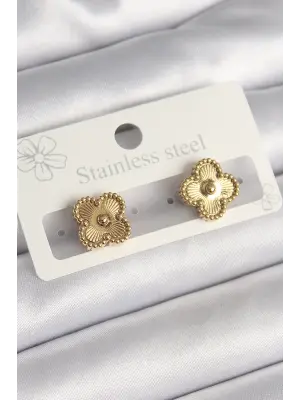 Altın İşleme Detaylı Yonca Model Çelik Küpe