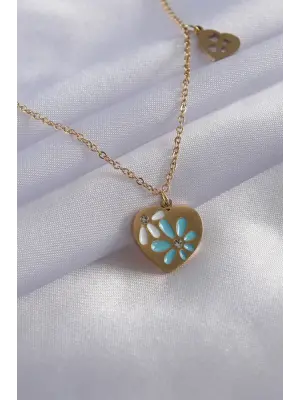  Altın  İşleme Kalp Figür  Çelik Kolye