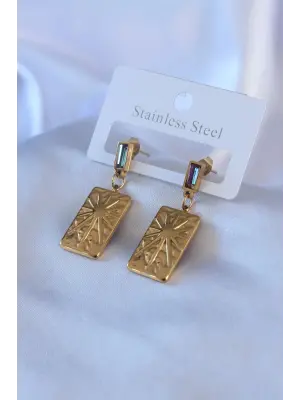 316L Çelik Gold Renk İşleme Plaka Model Kristal Taş Detay Kadın Küpe