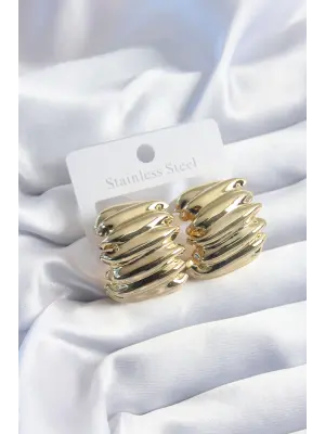 316L Çelik Gold Renk İşlemeli Kare Model Kadın Küpe