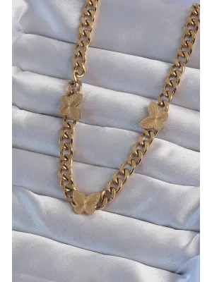  Altın  İşlemeli Kelebek Model Zincir Çelik Kolye