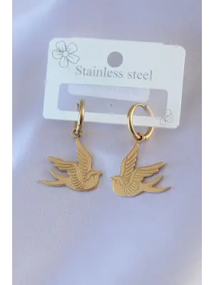   Altın İşlemeli Kuş Model Çelik Küpe