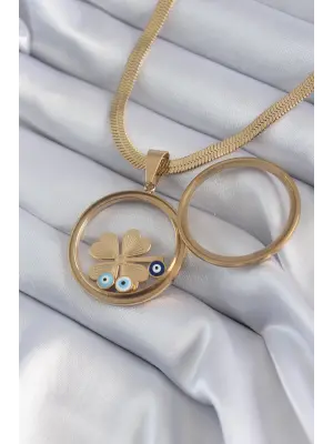  Altın  İtalyan Zincir Açılabilir Fanus Yonca Figür Model  Çelik Kolye