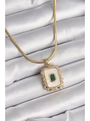  Altın  İtalyan Zincir Beyaz Sedefli Portre Model Zümrüt Taş Detay  Çelik Kolye