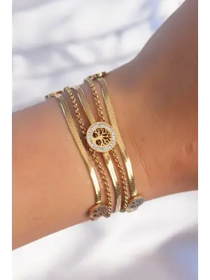 316L Çelik Gold Renk İtalyan Zincir Detaylı Zirkon Taşlı Yaşam Ağacı Tasarımlı Çoklu Bileklik