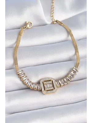 316L Çelik Gold Renk İtalyan Zincir Kare Zirkon Taş Model Kadın Bileklik