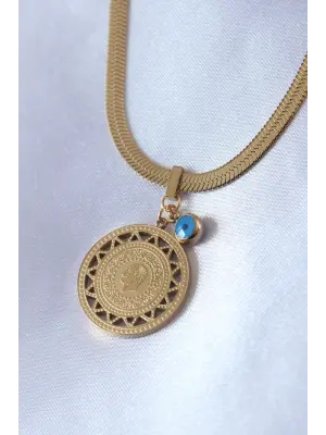  Altın  İtalyan Zincir Model Atatürk İşleme Nazar Boncuk Detay  Çelik Kolye