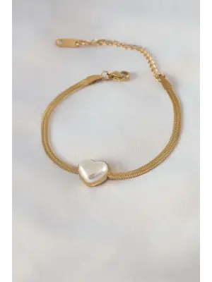 316L Çelik Gold Renk İtalyan Zincir Model İncili Kalp Model Kadın Bileklik