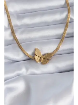  Altın  İtalyan Zincir Model İşlemeli Kelebek Figür  Çelik Kolye