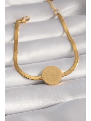 316L Çelik Gold Renk İtalyan Zincir Model İşlemeli Madalyon Figür Kadın Bileklik