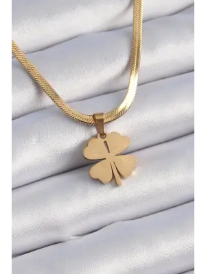  Altın  İtalyan Zincir Model İşlemeli Yonca Figür  Çelik Kolye