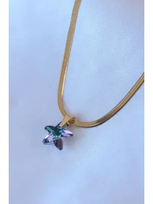  Altın  İtalyan Zincir Model Kristal Deniz Yıldız Model  Çelik Kolye