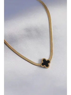 316L Çelik Gold Renk İtalyan Zincir Model Siyah Çiçek Figür Kadın Kolye