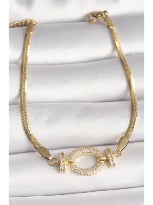 316L Çelik Gold Renk italyan Zincir Model Zirkon Taşlı Halka Figür Kadın Bileklik