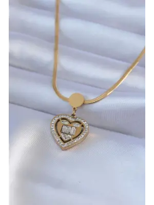  Altın  İtalyan Zincir Model Zirkon Taşlı Kalp Model  Çelik Kolye