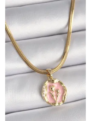  Altın  İtalyan Zincir Pembe Çiçek Madalyon Model  Çelik Kolye