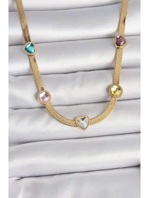 316L Çelik Gold Renk İtalyan Zincir Renkli Zirkon Taşlı Kalp Figür Kadın Kolye