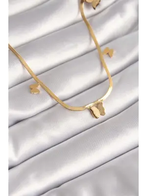  Altın  İtalyan Zincir Simli Kelebek Figür  Çelik Kolye