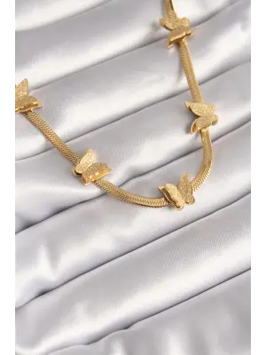  Altın  İtalyan Zincir Simli Kelebek Figür  Çelik Kolye