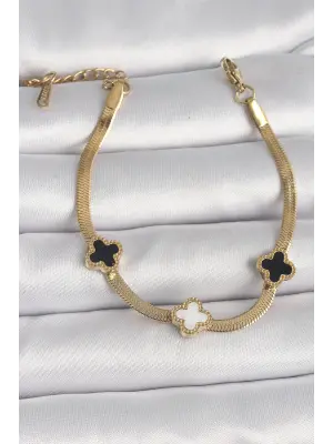 316L Çelik Gold Renk İtalyan Zincir Siyah Beyaz Yonca Model Kadın Bileklik