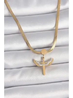 316L Çelik Gold Renk İtalyan Zincir Zirkon Taş Detaylı Mikail Model Kadın Kolye