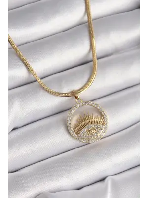  Altın  İtalyan Zincir Zirkon Taşlı Göz Model  Çelik Kolye