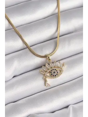  Altın  İtalyan Zincir Zirkon Taşlı Göz Model  Çelik Kolye