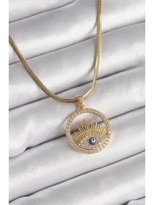  Altın  İtalyan Zincir Zirkon Taşlı Göz Model Nazar Boncuk Detay  Çelik Kolye