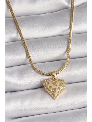  Altın  İtalyan Zincir Zirkon Taşlı Kalp Figür  Çelik Kolye