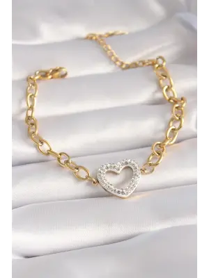 316L Çelik Gold Renk İtalyan Zincir Zirkon Taşlı Kalp Model Kadın Bileklik