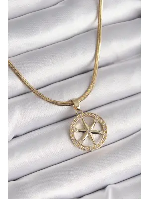  Altın  İtalyan Zincir Zirkon Taşlı Kutup Yıldız Model  Çelik Kolye