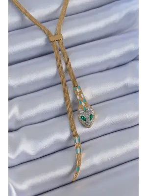 316L Çelik Gold Renk İtalyan Zincir Zirkon Taşlı Yılan Model Kadın Kolye