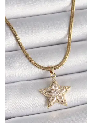  Altın  İtalyan Zincir Zirkon Taşlı Yıldız Model  Çelik Kolye