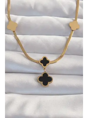  Altın  İtalyan Zincirli Mineli Yonca Çelik Kolye