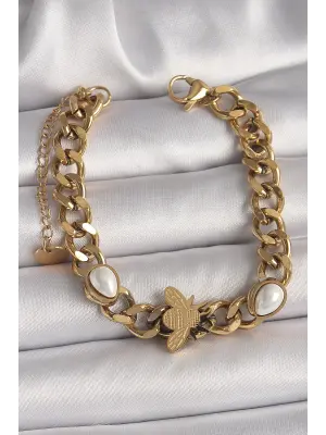 316L Çelik Gold Renk Kalın Zincir Model Arı Figür Damla İnci Detay Kadın Bileklik