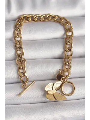 316L Çelik Gold Renk Kalın Zincir Model İşleme Detaylı Kelebek Figür Kadın Bileklik