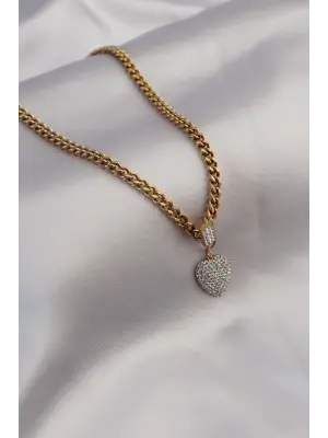 316L Çelik Gold Renk Kalın Zincir Model Kalp Figür Zirkon Taşlı Kadın Kolye