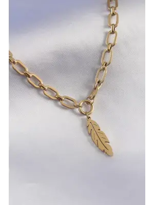316L Çelik Gold Renk Kalın Zincir Model Yaprak Model Kadın Kolye