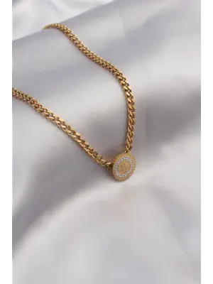 316L Çelik Gold Renk Kalın Zincir Model Zirkon Taşlı İşlemeli Kadın Kolye