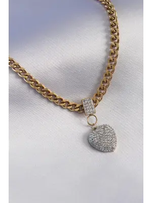 316L Çelik Gold Renk Kalın Zincir Model Zirkon Taşlı Kalp Figür Kadın Kolye
