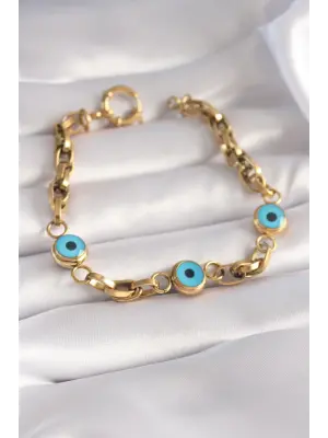 316L Çelik Gold Renk Kalın Zincir Nazar Boncuk Detay Kadın Bileklik