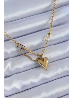  Altın  Kalp Figür  Çelik Kolye