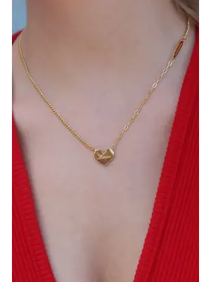  Altın  Kalp Figür Love Yazı İşleme  Çelik Kolye