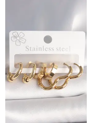 316L Çelik Gold Renk Kalp Halka Model Kadın Küpe Seti