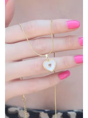 316L Çelik Gold Renk Kalp Model Pembe Zirkon Taş Kalp Detay Kadın Kolye